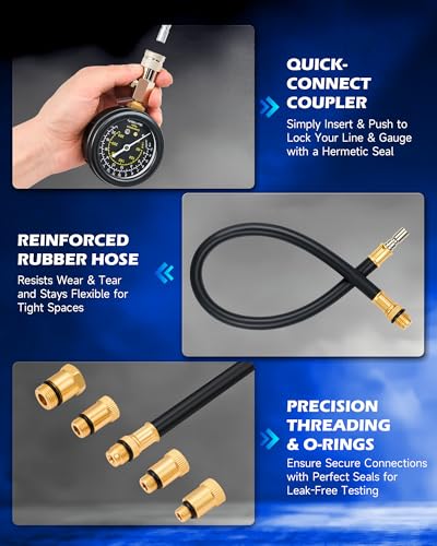 OMT 8pc Petrol Engine Cylinder Pressure Test Kit with 300 PSI Dual Gauge | Strong Metal Adapters; Anti Scratch Glass Cover; Flexible Hose; Auto Mechanic Diagnostics; Fits Cars Trucks And Motorcycles