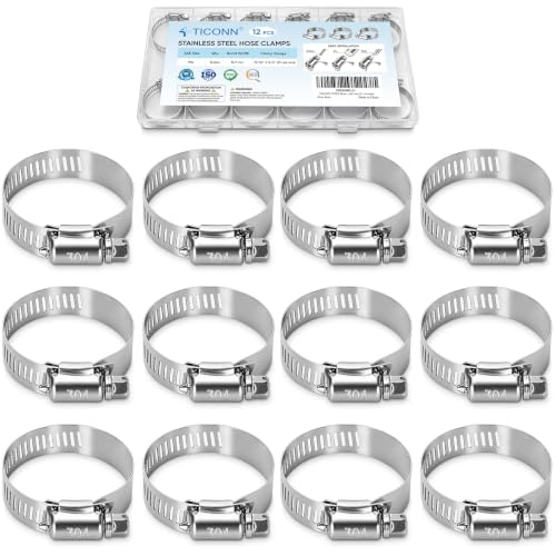 TICONN 12PCS Hose Clamp Set - 13/16''–1 3/4'' 304 Stainless Steel Worm Gear Hose Clamps for Pipe, Intercooler, Plumbing, Tube and Fuel Line (21–44 mm) - size: SAE #16 12PCS 13/16''~1-3/4"