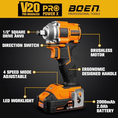 boen 260FT-LBS(350N.m) Cordless Impact Wrench 1/2 inch, Lightweight Brushless Electric Impact Gun, 2500RPM for Home Repair, Includes 2.0Ah Battery×1, Charger, IW-79 - size: 260FT-LBS(350N.m)