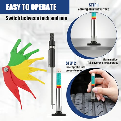 4 Pcs Car Brake Pad Thickness Gauge Set, Tread Depth Gauge, Color-Coded Brake Pad Measuring Tool for Car Truck Motorcycle