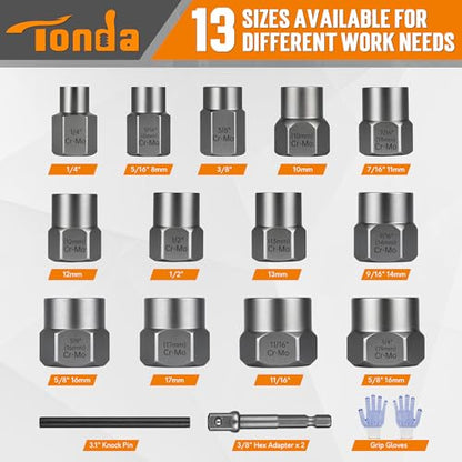 TONDA Bolt Extractor Kit, 16-Piece Stripped Bolt Remover Socket Set with 3/8" Drive Impact Adapter & Knock-Out Pin and Gloves, Heavy Duty Bolt Extractor for Rounded, Rusted, Broken Nuts & Screws