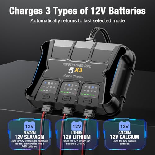 3 Bank Marine Battery Charger 5X3, 15A (5A/Bank) - 15A Onboard Charger, 12V Waterproof Boat Battery Charger, Battery Maintainer for SLA/AGM, Lithium, Calcium - Charged 24/7