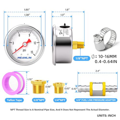 MEANLIN MEASURE 0-15Psi Stainless Steel Glycerin Filled Pressure Gauge 1/8" NPT 1.5" Face Dial, with 3/8" Barb Pressure Adapter, 9-Piece Kit, Back Mount - size: 0-15Psi