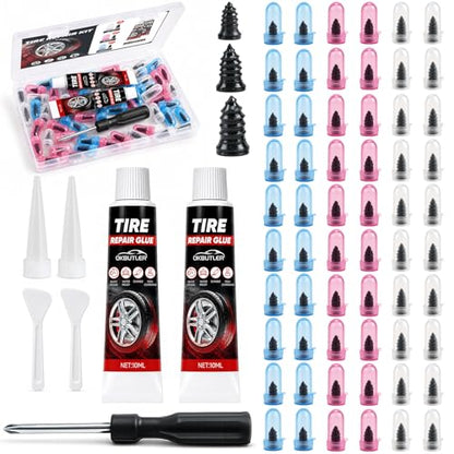 60Pcs Screw Tire Plug Repair Kit, 3 Sizes Rubber Nails and Screwdriver for Car, Motorcycle, Truck and Tractor