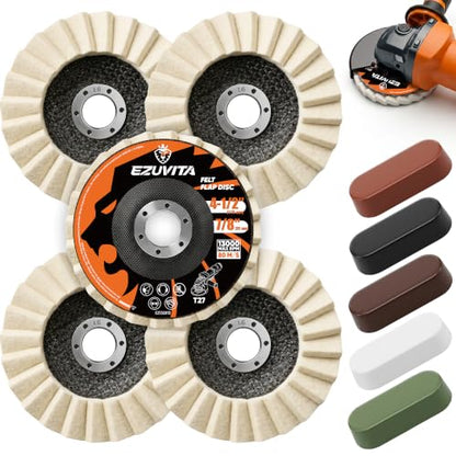 10PCS Wool Felt Polishing Disc Kit 4-1/2" Buffing Wheels | 5 High Density Wool Felt Wheels & 5 Polishing Compounds, 100% Pure Wool, Mirror Finish for Metal, Marble, Glass & Wood