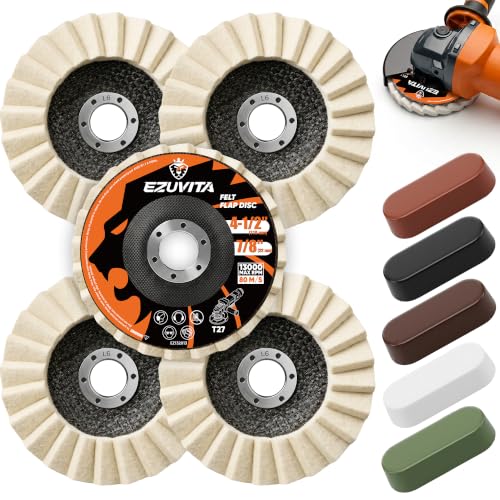 10PCS Wool Felt Polishing Disc Kit 4-1/2" Buffing Wheels | 5 High Density Wool Felt Wheels & 5 Polishing Compounds, 100% Pure Wool, Mirror Finish for Metal, Marble, Glass & Wood