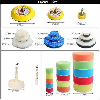 30pcs Drill Polishing Kit Car Detail Buffing Wheel with M6 Thread Backing Plate & 1/4” Hexagonal Shank,Car Sanding Polishing Waxing Pad for Drill and Mini Air Sander