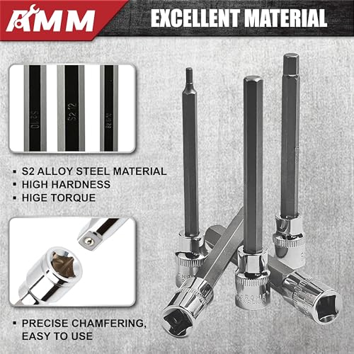 AMM 3/8 Inch Drive Extra Long allen hex bit socket set,19-Piece Standard SAE & Metric Allen socket set, S2 Alloy steel, Automobile repair tools