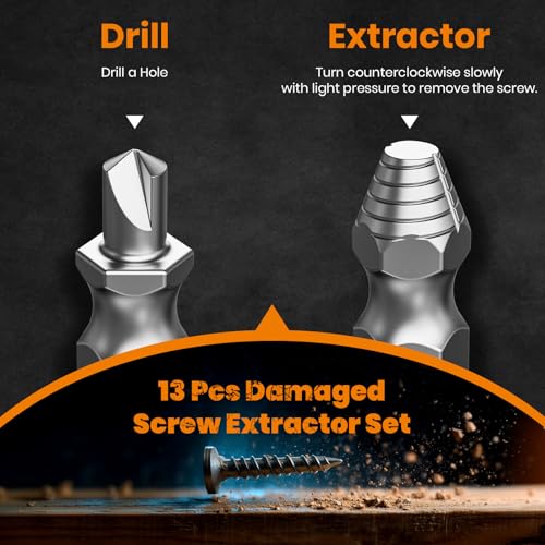 Damaged Screw Extractor Set,13 Pcs Bolt Extractor Set, Stripped Screws Nuts & Bolts Drill Bit Tools for Easy Removal of Rusty Broken Screw,Christmas Stocking Stuffers for Men Adults Him,Mens Gifts