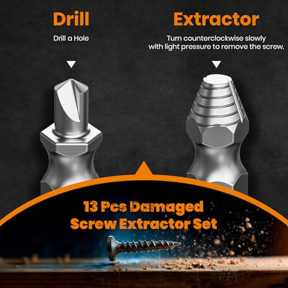 Damaged Screw Extractor Set,13 Pcs Bolt Extractor Set, Stripped Screws Nuts & Bolts Drill Bit Tools for Easy Removal of Rusty Broken Screw,Christmas Stocking Stuffers for Men Adults Him,Mens Gifts