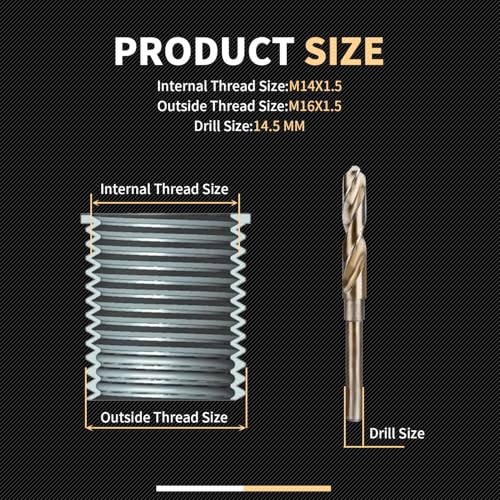 M14X1.5 Thread Repair Kit with Insert HSS Drill, Tap, Counterbore, Installation Driver,Tap Guides, Metric, 10PCS Stainless Steel Insert M14X1.5X 9.4MM