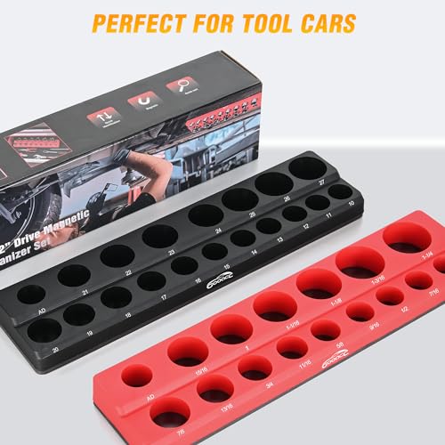GOOACC 1/2" Magnetic Socket Organizer Set, 2 Pieces Metric & SAE Socket Drive Holders, 1/2 inch Drive Socket Organizer Trays Holds 35 Standard Sockets for Tool Box - size: 2PCS 1/2" SAE & Metric Red Black