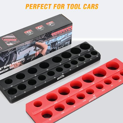 GOOACC 1/2" Magnetic Socket Organizer Set, 2 Pieces Metric & SAE Socket Drive Holders, 1/2 inch Drive Socket Organizer Trays Holds 35 Standard Sockets for Tool Box - size: 2PCS 1/2" SAE & Metric Red Black