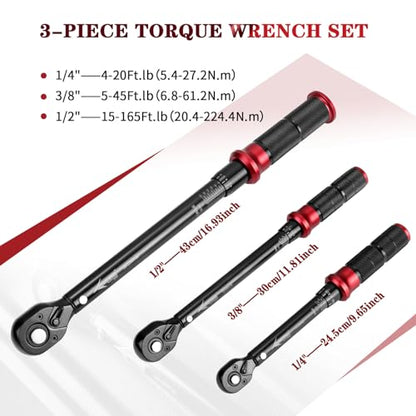 AEROFORCE 1/4 & 3/8 & 1/2-inch Drive Click Torque Wrench, 3Pcs Torque Wrench Set 4-20Ft.lb, 5-45Ft.lb, 15-165Ft.lb 72-Tooth Dual Scale for Bike, Moto, Car Repair - size: 1/4" & 3/8" & 1/2" (3-Piece), style: 4 - 20 lb-ft & 5 - 45 lb-ft & 15 - 165 lb-ft
