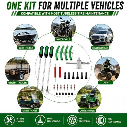 Tire Spoons, 28PCS Tire Changing Kit with 3 Tire Levers, Rim Protectors, Valve Tool, Valve Cores, Valve Caps & Valve Stems, Tire Removal Tool Set for Motorcycle, Dirt Bike, ATV, Lawn Mower, Tractor