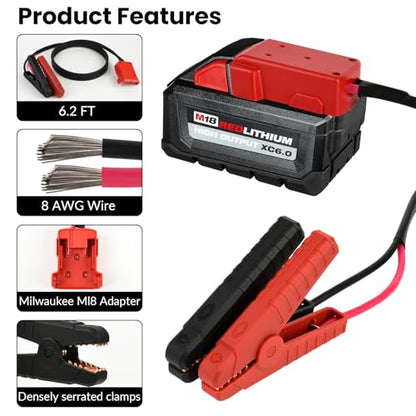 6.2FT Jumper Cables for Milwaukee M18, 8AWG Booster for Car/Mower | Insulated Rubber Clamps, Secure Alligator Grip, Premium PVC Jacket, Extreme Temp Resistance, Compact Trunk Storage