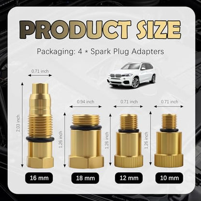 4PCS Compression Tester Automotive Adapter,10mm*1.0/12mm*1.25/18mm*1.5/16mm*1.5 Cylinder Compression Tester Adapter,Versatile Spark Plug Testers Adaper for Gas Engine/Motorcycle