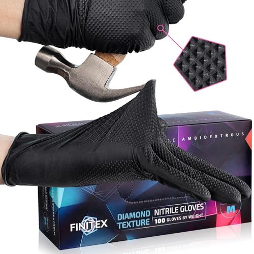 FINITEX Industrial Diamond Texture Nitrile Black Glove - 100/1000PCS Chemical Resistant 6.3mil Mechanic Disposable Gloves - color: Black (Medium 100)