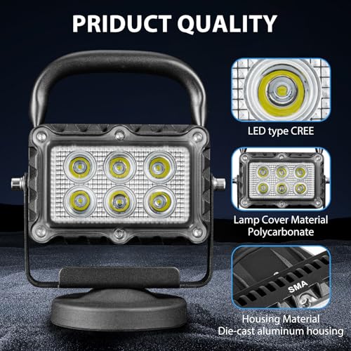 SMA 18W LED Work Light 2400 Lumens Aluminum Alloy High Brightness Strong Magnetic Base Wireless Portable Waterproof Dustproof Garage Workshop Car Repair Construction Site Light (White)