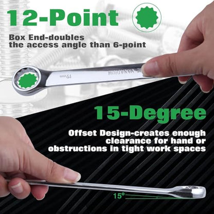 SPEEDWOX 14-Piece Essential Metric Combination Wrench Set Metric 8mm to 24mm 12 Point Combination Wrench Sets in Roll-up Pouch for General Household Garage Chrome Vanadium Steel Mirror Chrome Finish