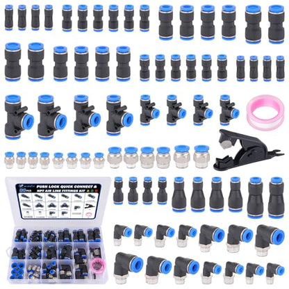 80 Pcs Quick Connect Air Line Fittings Kit Pneumatic Push Lock Air Fittings 1/8",1/4",3/8",1/2" Push to Connect & NPT Thread Air Hose Fittings Quick Release Airline Fitting Kit - color: Black-80PCS