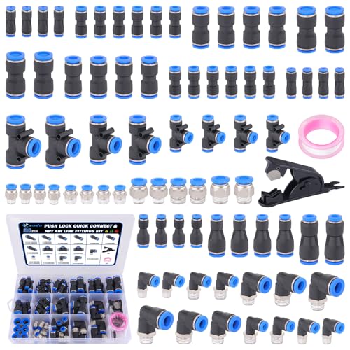 80 Pcs Quick Connect Air Line Fittings Kit Pneumatic Push Lock Air Fittings 1/8",1/4",3/8",1/2" Push to Connect & NPT Thread Air Hose Fittings Quick Release Airline Fitting Kit - color: Black-80PCS