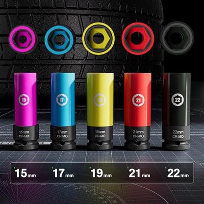 5PCS 1/2" Drive Impact Lug Nut Socket Set, 15 17 19 21 22 MM | Impact Wheel Socket Kit, Thin Wall Non-Marring Deep Socket with Protective Sleeves, Color-Coded Sleeves, CR-MO Steel - size: Metric