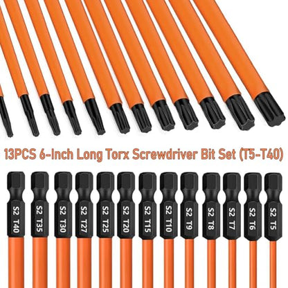 13PCS 6-Inch Long Torx Screwdriver Bit Set (T5-T40), Magnetic Torx Head Drill Bit Set S2 Steel 1/4'' Hex Shank Impact Bit with CNC Machined Tips 6-Point Star Bit Set for Impact Driver - size: 6 inch / 150mm