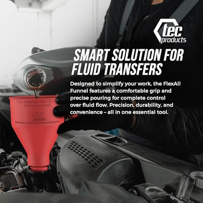 TEC Products FlexAll Long Flexible Funnels - Automotive Oil Funnel with Hose, Durable Nitrile Rubber for Oil Change, Transmission Funnel Fluid, Diesel, Fuel, Gas - Made in USA - Red (16 x 5 Inches) - color: Red, size: Large
