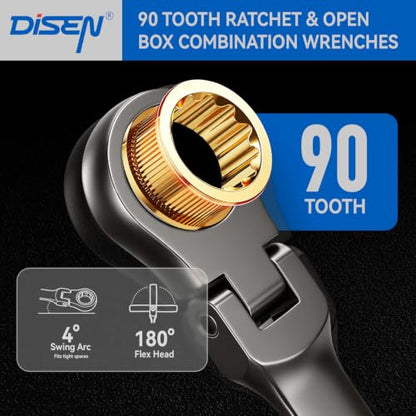 DISEN 24pcs 90-Teeth Ratchet Wrenches Set, Flex Head Ratcheting Wrench Set Metric 8MM-19MM and SAE Wrenches 1/4 Inch-3/4 Inch, Nickel Plating Cr-V Constructed with Organizer Rack