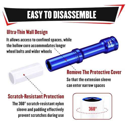 YIYITOOLS 3Pcs 1/2" Drive Impact Lug Nut Socket Set, 150mm Extra Long Deep Sockets, 6-Point Thin Wall Sockets (17 19 21mm), CR-MO, Non-Marring & Anti-Scratch for Wheel Lug Nut Remover - size: 3Pcs (Extra Long)
