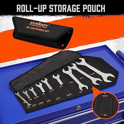 HORUSDY Thin Wrenches Set | SAE | 9-Piece | Including 1/4" - 1" | Bike Wrench Set | Thin Open End Wrench Set with Rolling Pouch - size: SAE 9-Piece