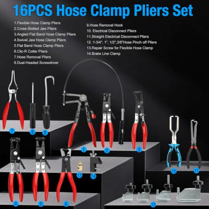 BETOOLL 16PCS Hose Clamp Pliers Set, Automotive Hose Clamp Removal Tool, Long Reach Flexible Wire Tools for Radiator, Heater, Coolant & Water Hoses - color: Blue