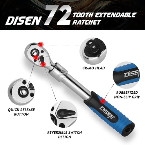 DISEN 3PCS Extendable Ratchet Wrench Set,1/4" 3/8" 1/2" Drive 72-Tooth, Quick-Release, Reversible Drive Socket Wrenches,Soft Grip Handle with Storage Tray - size: 1/4''+3/8''+1/2'' Set, style: 72T Extendable Ratchet