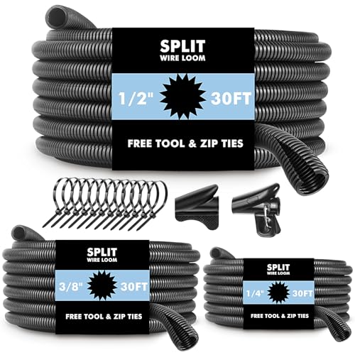 Automotive Wire Loom Flame Retardant Split Wire Loom Tubing Assortment Wiring Loom Kit Plastic Cover Electrical Covering Conduit Protective Wire Wrap Cable Sleeves Black 1/4", 1/2", 3/8" x 30 Ft - size: 1/4", 1/2", 3/8" x 30 ft