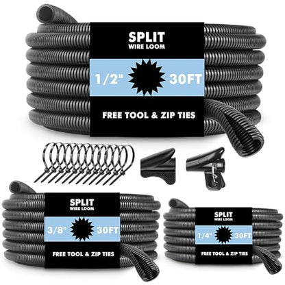 Automotive Wire Loom Flame Retardant Split Wire Loom Tubing Assortment Wiring Loom Kit Plastic Cover Electrical Covering Conduit Protective Wire Wrap Cable Sleeves Black 1/4", 1/2", 3/8" x 30 Ft - size: 1/4", 1/2", 3/8" x 30 ft