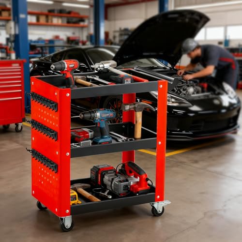3-Tier Rolling Tool Cart with Pegboard, 1000LBS Load 2 Lockable Casters | Heavy Duty, Metal Mechanic Tool Storage, For Garage, Repair Shop, Warehouse & Workshop