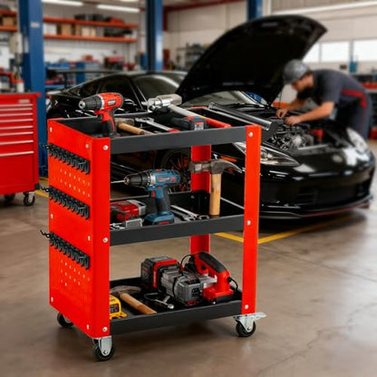 3-Tier Rolling Tool Cart with Pegboard, 1000LBS Load 2 Lockable Casters | Heavy Duty, Metal Mechanic Tool Storage, For Garage, Repair Shop, Warehouse & Workshop