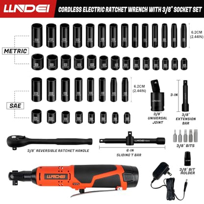 LLNDEI 3/8" 58Pcs Cordless Electric Ratchet Wrench Set with Socket Set,12V High Capacity Electric Wrench(40FT-LBS(55N.M)) with Adjustable Speed.