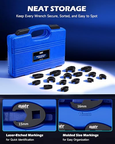 Orion Motor Tech Crowfoot Wrench Set, 15-Piece Crows Foot Wrench Set with 8 to 24 mm Metric Flare Nut Wrenches, 1/2 & 3/8 in. Drive Flare Nut Wrench Set with Laser Etched Marking Carry Case, Blue - color: Blue