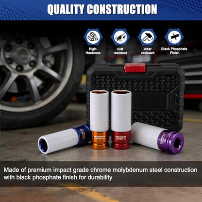 1/2" Drive Wheel Protector Impact Socket, 4 pcs Thin Wall Deep Impact Socket Set, Durable Plastic Sleeve Lug Nut Socket, 6 Point, Metric, 17mm,19mm,21mm,22mm - size: 17 mm, 19 mm, 21 mm, 22 mm