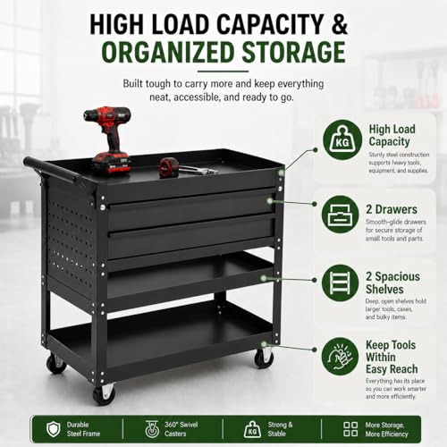 Garvee 30 Inch Rolling Tool Cart on Wheels, 3 Tier Steel Utility Tool Cabinet with 2 Drawer and Casters, Heavy Duty Tool Chest for Garage, Warehouse and Workshop