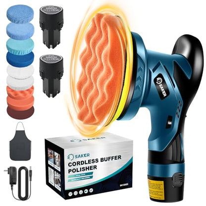 Saker Cordless Car Buffer Polisher - 6 Inch Portable Waxer Machine Kit with 2x2000mAh Batteries & 6 Variable Speed, Extra 16 PCS Attachments, Polisher for Car Detailing, Scratch Removing - style: BUFFER POLISHER +2 BATTERIES