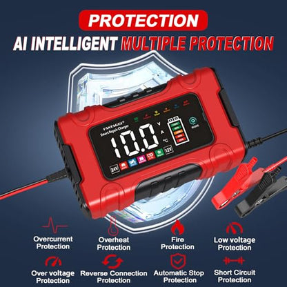 LiFePO4/Lead Acid Battery Charger Smart Battery Trickle Charger 12V/24V 10A/5A Automotive Battery Maintainer Desulfator Temp Compensation for Car Truck Motorcycle Lawn Mower Marine RV