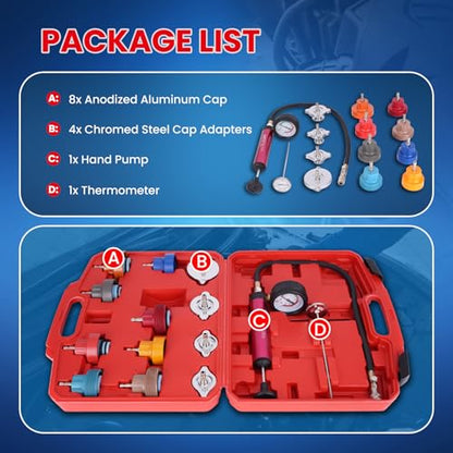 MOCA 14-Piece Aluminum Radiator Pressure Tester Tool Kit, Vacuum Pressure Cooling System Coolant Pressure Leak Detector with Hand Pump and Adapters for Automotive Vehicles - size: 14 PCS