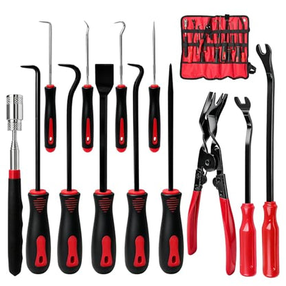13PCS Precision Pick and Hook Tool Set, Magnetic Telescoping Tool w/Clip Pliers Fastener Remover Gasket Scraper, Rivets Puller Pick Tools w/Storage Bag for Automotive Repair (Red & Black) - color: Red & Black