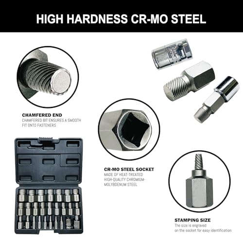 Greywolf 26 pcs Screw Extractor Set with 3/8 Inch Drive, Hex Head Multi-Spline Screw Easy Extraction Bolt Extractor Kit, Broken Bolt Extractor for Removing Broken, Rusted Bolts and Screws - size: 26
