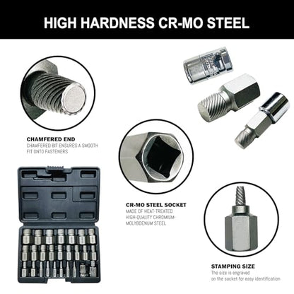 Greywolf 26 pcs Screw Extractor Set with 3/8 Inch Drive, Hex Head Multi-Spline Screw Easy Extraction Bolt Extractor Kit, Broken Bolt Extractor for Removing Broken, Rusted Bolts and Screws - size: 26