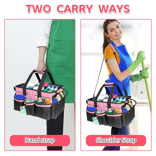 Boczif Cleaning Caddy Bag Wearable, Cleaning Caddy Supplies Organizer with Handle, Shoulder Straps & Detachable Divide, Cleaning Tool Organizers Tote Bag for Cleaners & Housekeepers(Pink) - color: Pink
