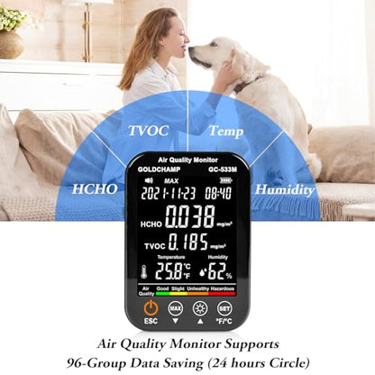 Upgraded 4-in-1 Air Quality Monitor – Portable HCHO & TVOC Detector | Temp/Humidity, Large LCD Screen, Audible Alarm, 96-Record Memory & Auto Shutdown for Home, Office, and RV